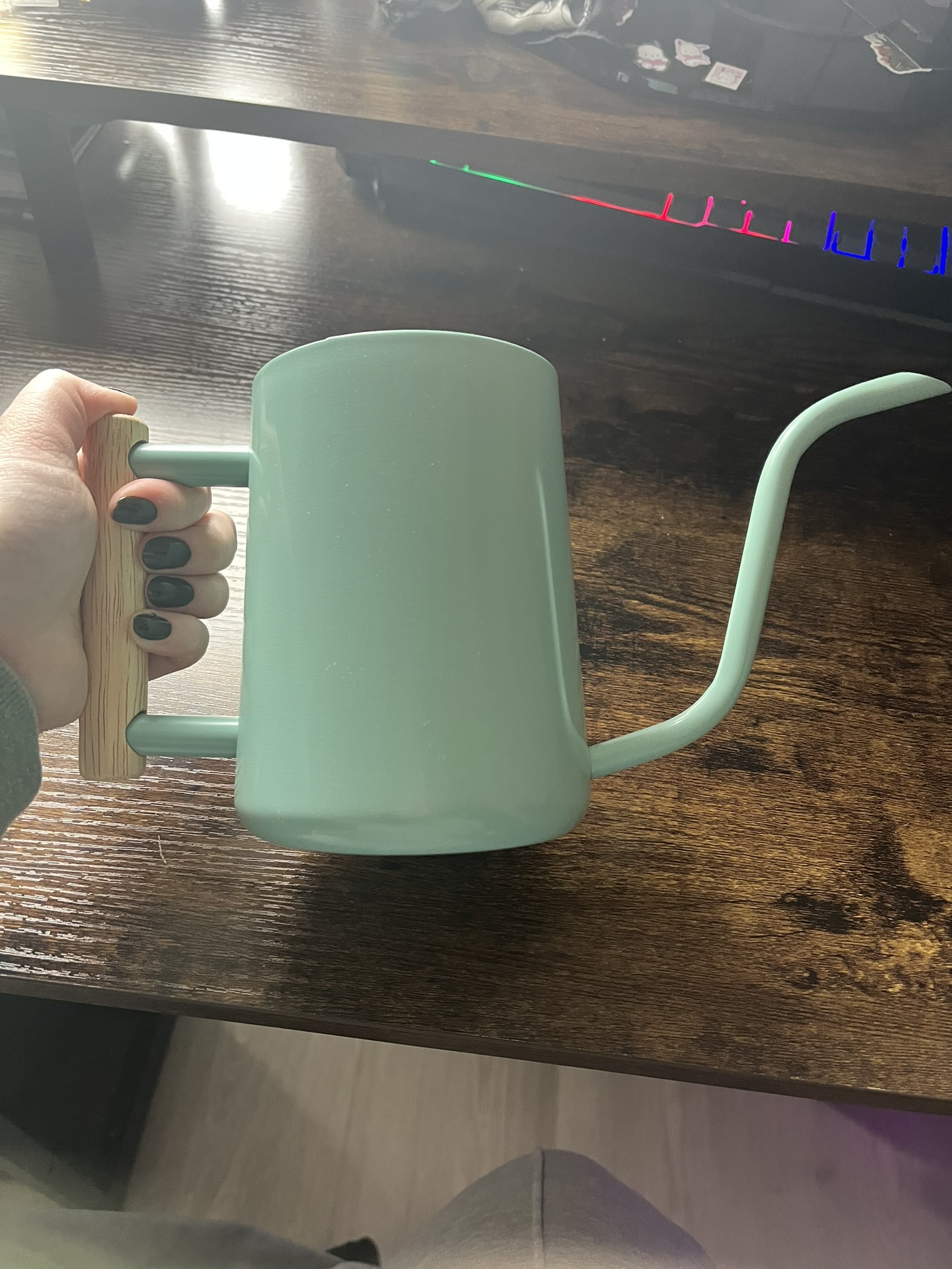 This is my low spouted watering can, I think it would be nice to make a circuit that shows when the water is going in the right spot because it is meant to work in small spaces.