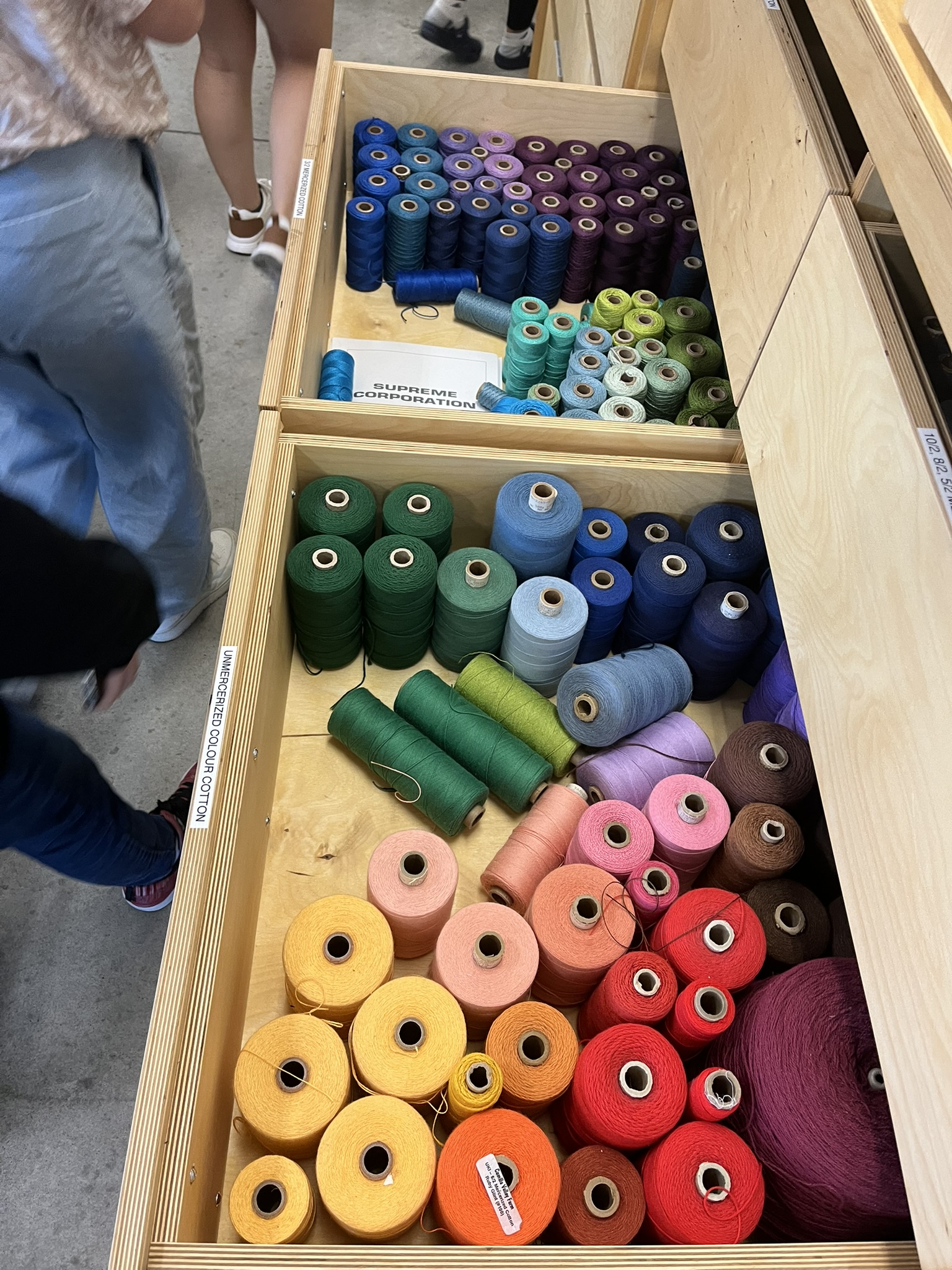 Looking around the textiles room I was really fascinated by the large collection of threads and yarns they had, they have so many colours and even shades of colours I found it really inspiring to look at. The students were kind enough to explain that these are all natural fibers as well.