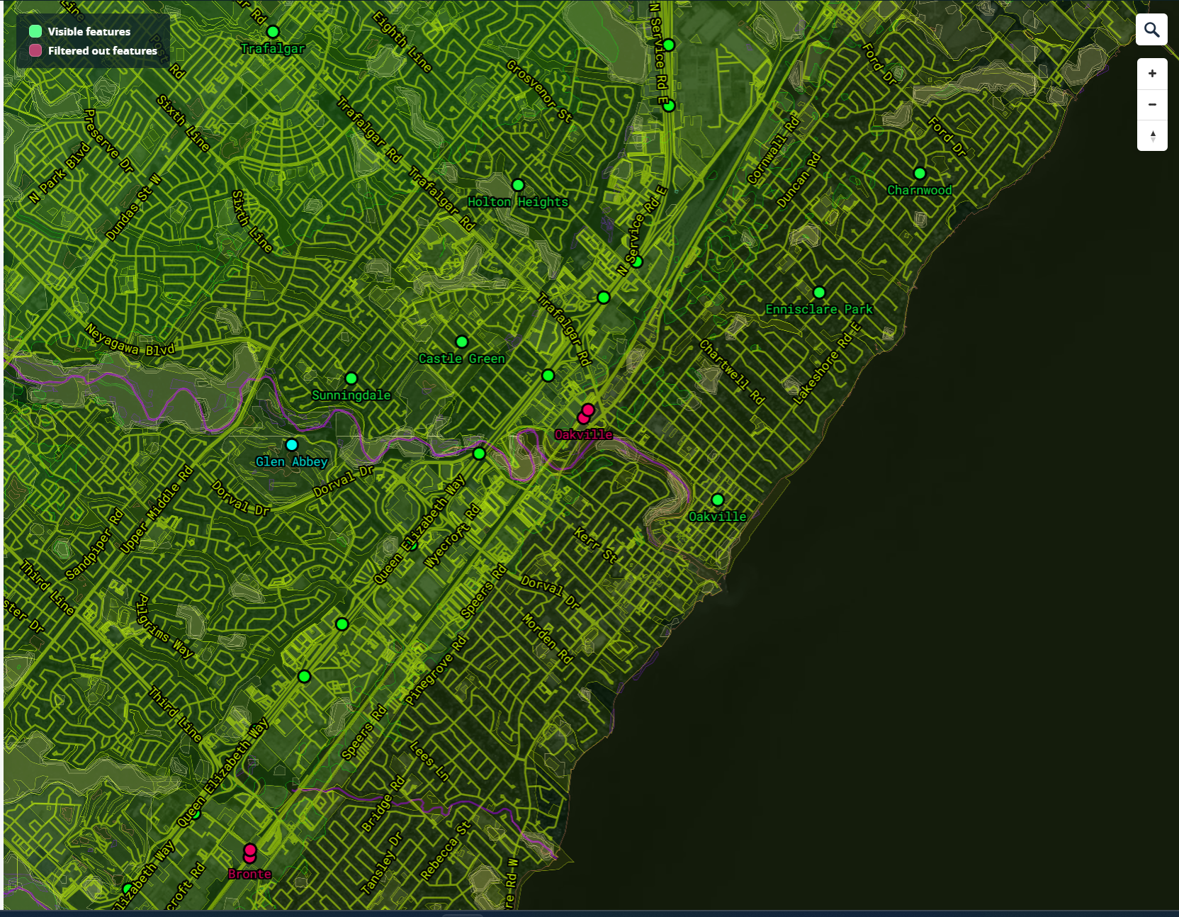 This map shows the road lines in the Oakville area, it looks very interesting but it would suit a less bright colour scheme.