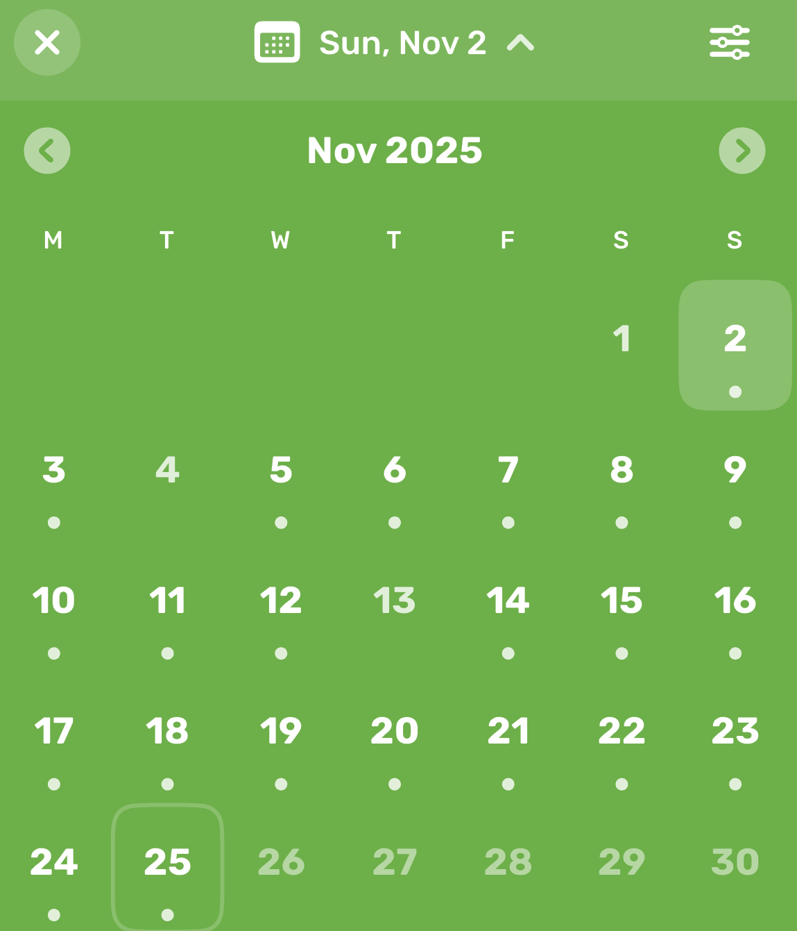 This calendar shows how many days I logged completing tasks in my self care tracker, Finch.